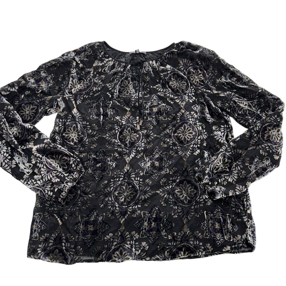 NYDJ Blouse Women XS Black Velvet‎ Burnout Medallion Boho Sheer Long Sleeve